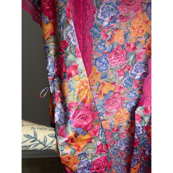 Vanity Fair Floral Satin Lace Kimono Robe Pink Blue Orange Roses Sleeve L - Picture 6 of 6